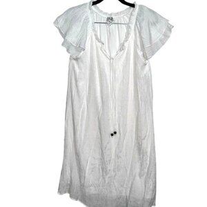 Naif S Petite White Ruffled Short-Sleeve Dress With Tie Neckline